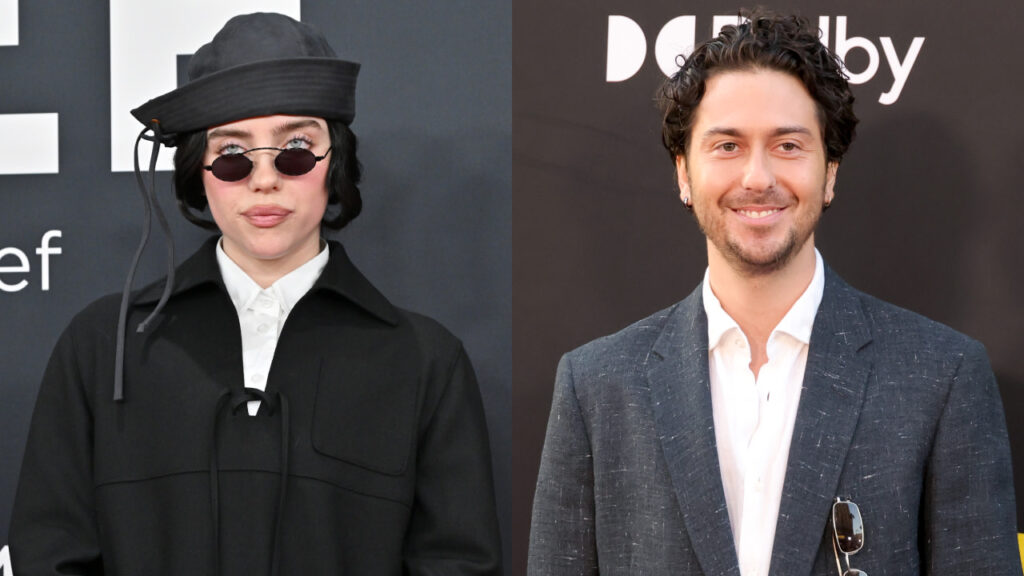 Left; Billie Eilish wears a black outfit with round sunglasses. Right: Nat Wolff in a suit with a white shirt, smiling.