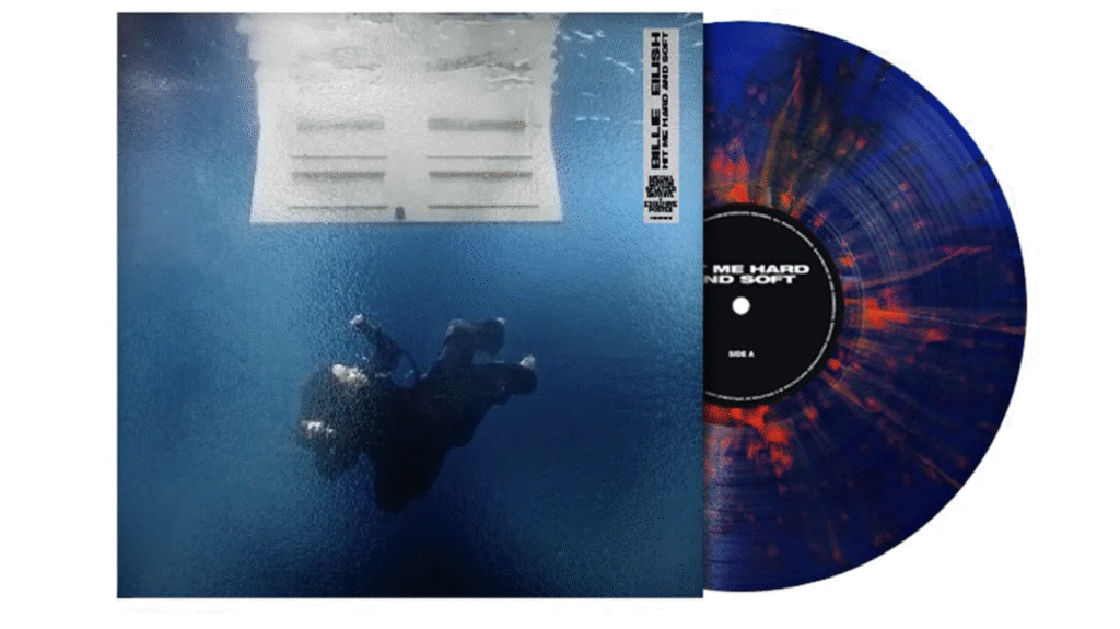 Album cover with a person underwater and a colorful vinyl record beside it. The record has a blue and red splatter design.