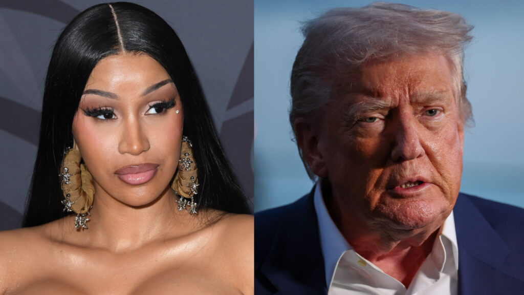 Cardi B with long black hair and large earrings on the left; Donald Trump in a suit on the right.