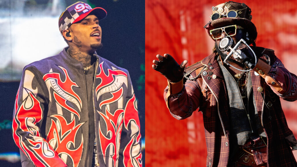 Chris Brown in a flame-patterned jacket and hat, and T-Pain in a steampunk outfit with goggles and a microphone.