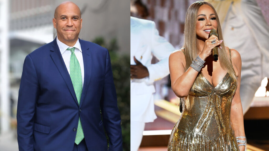 Cory Booker in a suit and Mariah Carey singing in a gold dress on stage.