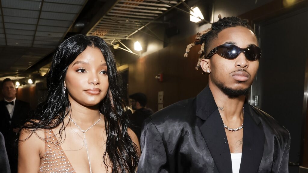 LOS ANGELES, CALIFORNIA - FEBRUARY 04: (L-R) Halle Bailey and DDG attend the 66th GRAMMY Awards at Crypto.com Arena on February 04, 2024 in Los Angeles, California.