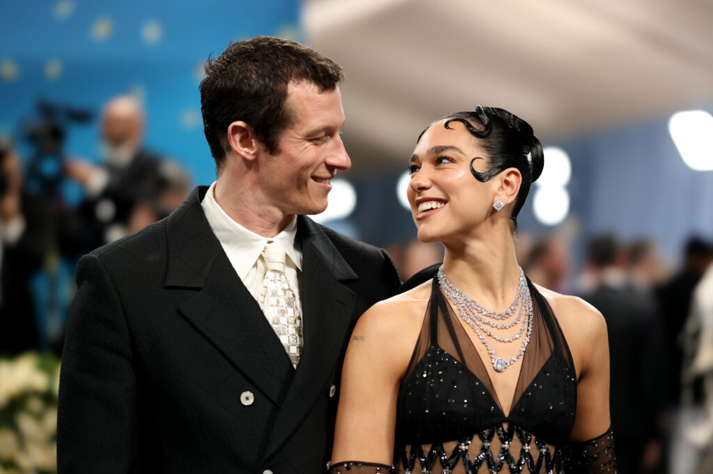 Callum Turner and Dua Lipa attend the 2025 Met Gala Celebrating "Superfine: Tailoring Black Style" at Metropolitan Museum of Art on May 05, 2025 in New York City.