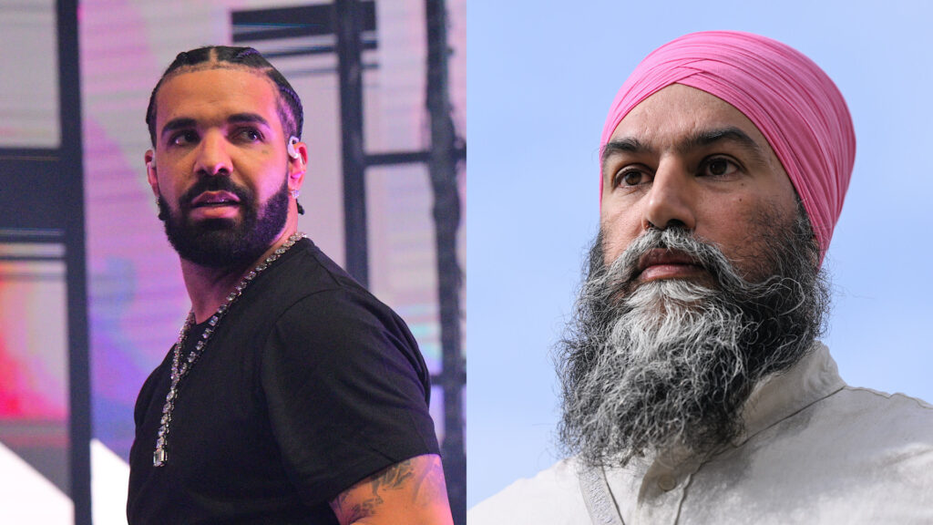 Jagmeet Singh Apologizes for Attending Kendrick Lamar Sho… Drake on the left wearing a black shirt with braids, and Jagmeet Singh on the right wearing a pink turban and white shirt.