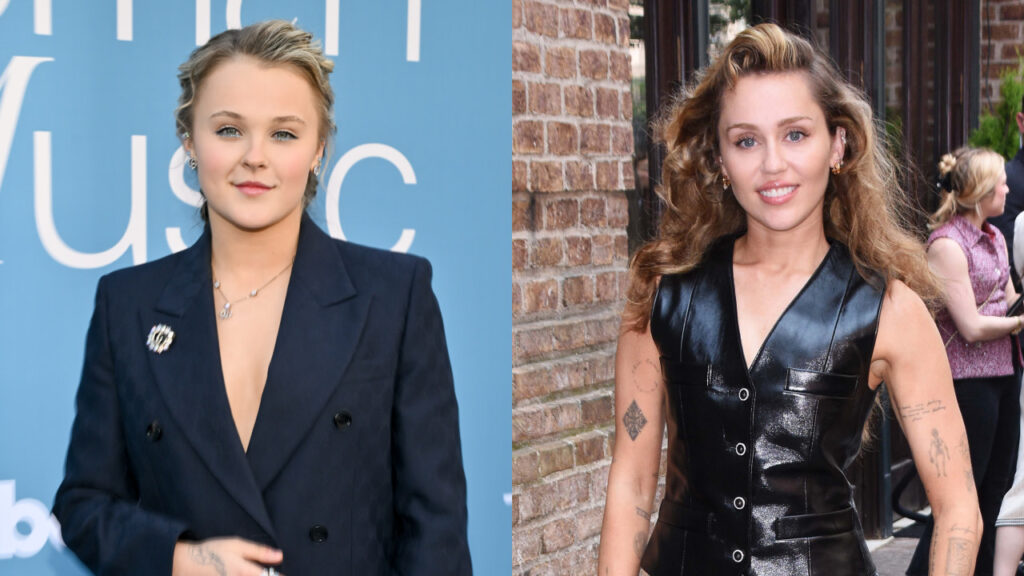JoJo Siwa in a navy suit, smiling at an event, and Miley Cyrus in a black leather outfit, posing outdoors with tattoos visible.
