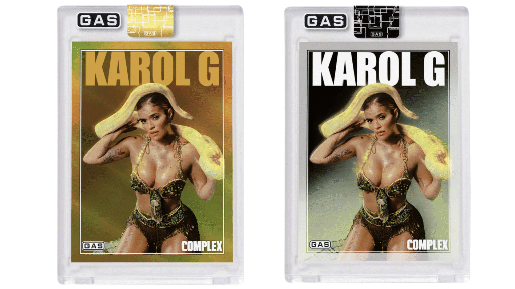 Trading cards featuring Karol G in a snake-themed outfit with a yellow snake, labeled "GAS" and "COMPLEX."