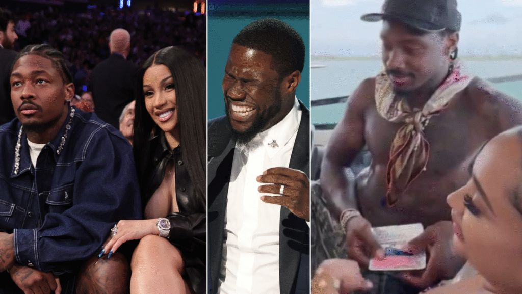 Stefon Diggs and Cardi B sit together at an event, while Kevin Hart is on stage laughing and holding a microphone.