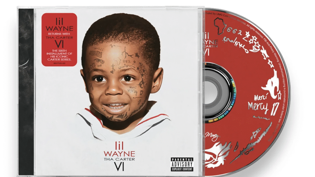 Album cover for "Tha Carter VI" by Lil Wayne, featuring a young Wayne with face tattoos and a red CD with white graphics.