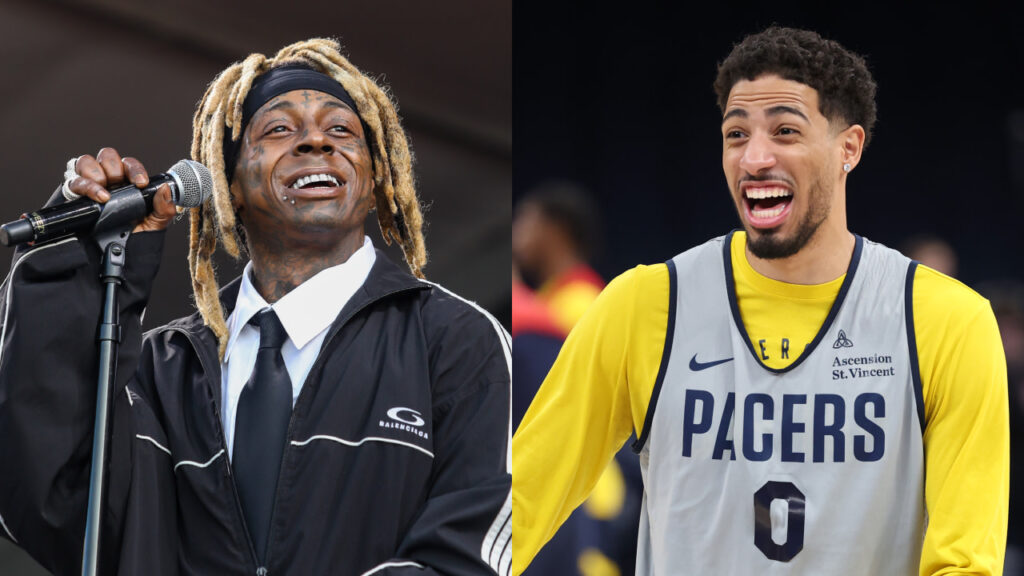 (L) Lil Wayne performing with a microphone, wearing a black jacket and headband. (R) Tyrese Haliburton smiling in a Pacers jersey.