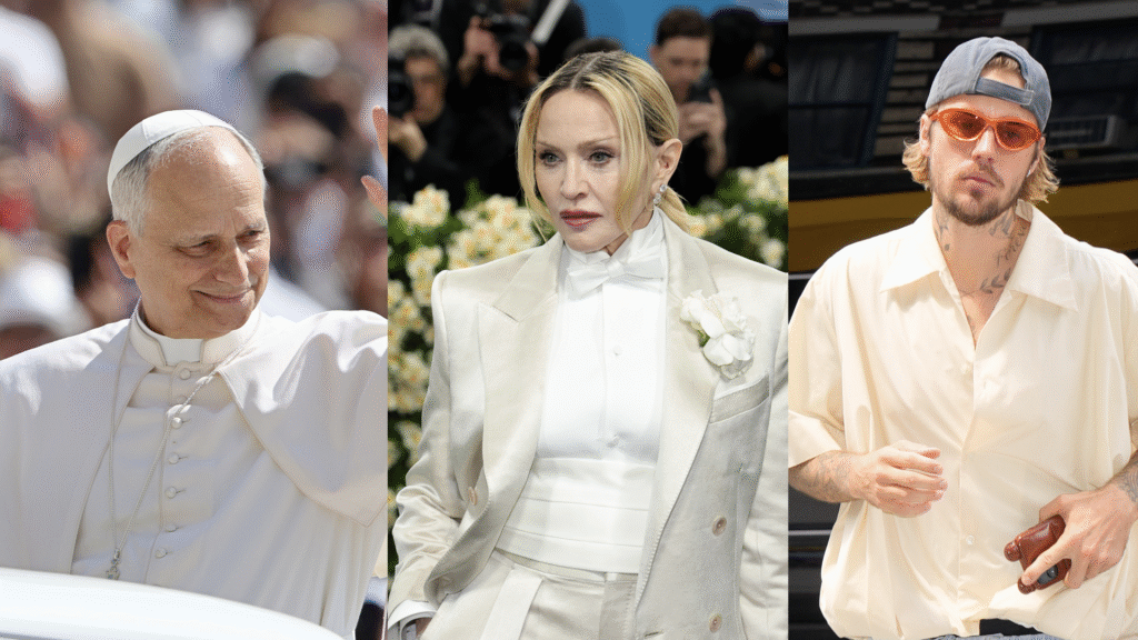 (L) Pope Leo XIV arrives in St. Peter's Square and greets the faithful for the General Audience on Wednesday. Vatican City (Vatican), June 11th, 2025. (Center) Madonna attends the 2025 Met Gala Celebrating "Superfine: Tailoring Black Style" at Metropolitan Museum of Art on May 05, 2025 in New York City. (Right) Justin Bieber is seen on June 23, 2024 in New York City.
