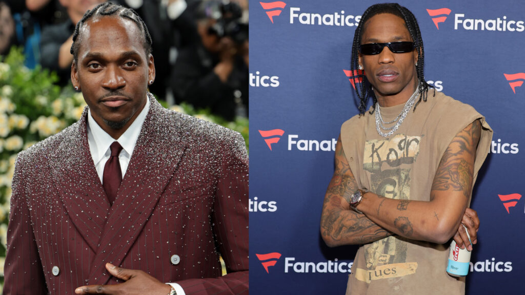 Pusha T in a maroon suit with embellishments; Travis Scott in casual wear with sunglasses, standing against a Fanatics backdrop.