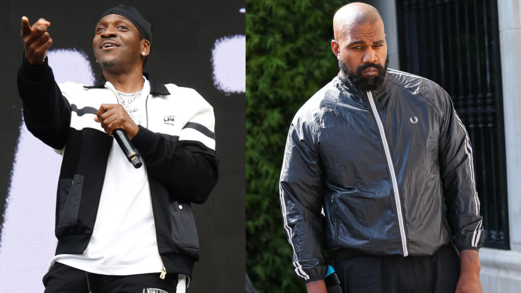 Pusha T performing in a black and white outfit on the left; Kanye West in a dark jacket on the right.