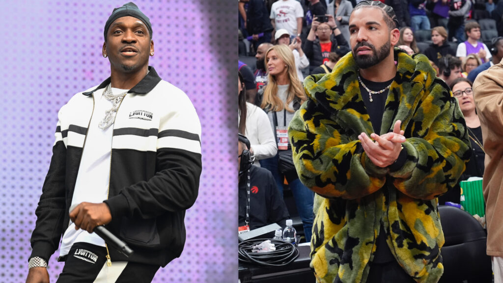 Pusha T performing in a black and white outfit. Drake at a game, wearing a green camo coat, clapping.