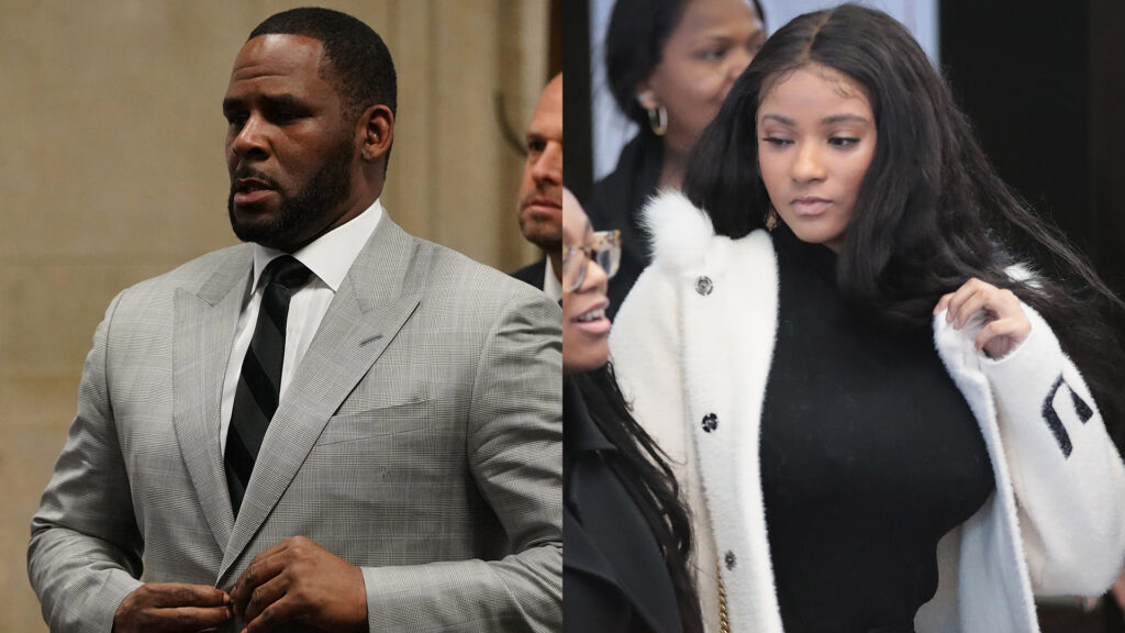 R. Kelly appearing in court alongside a photo of his fiancée, Joycelyn Savage.
