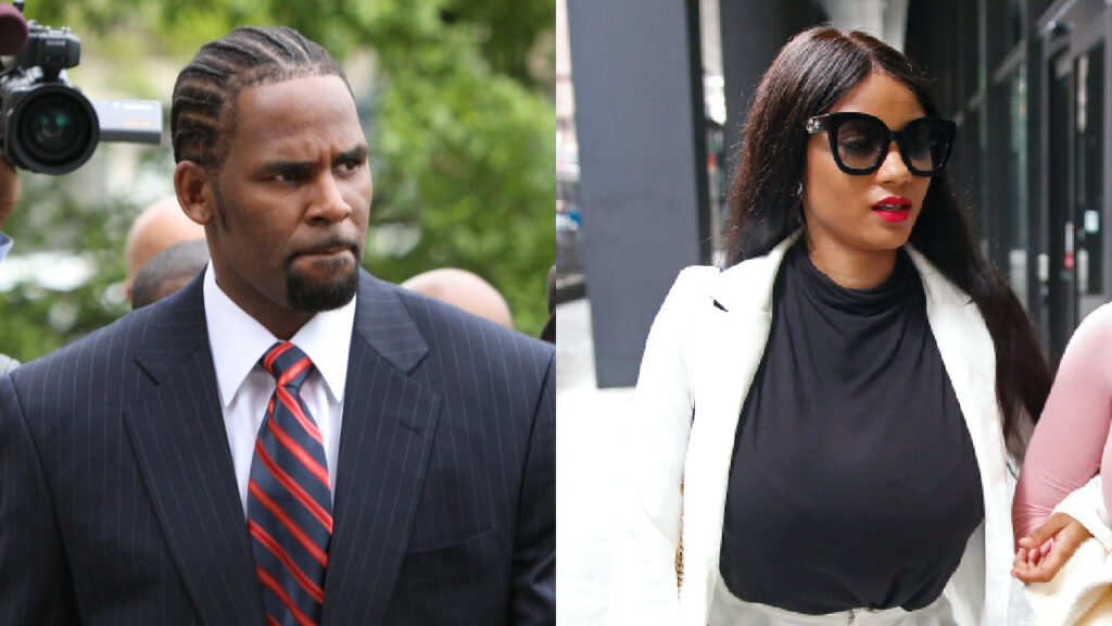 Split image: R. Kelly in a suit and tie on the left, and his fiancée Joycelyn Savage in sunglasses and a white jacket on the right, walking outside.