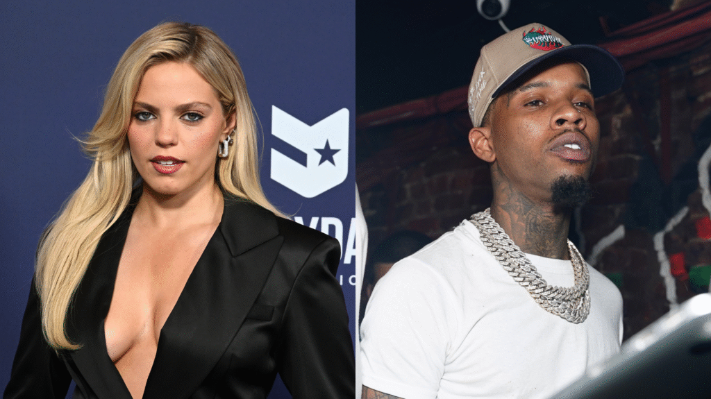 Reneé Rapp on Tory Lanez Prison Attack: ‘We Should Be Sta… A woman in a black outfit on the left and a man wearing a cap and chain on the right, in separate settings.