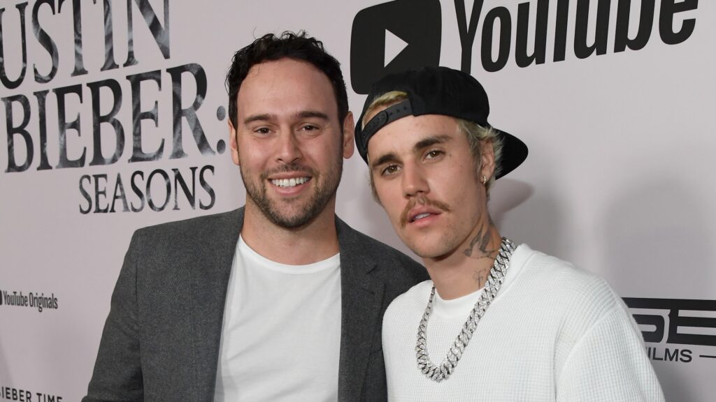 Scooter Braun and Justin Bieber attend YouTube Originals "Justin Bieber: Seasons" premiere at Regency Bruin Theater on January 27, 2020 in Westwood, California.