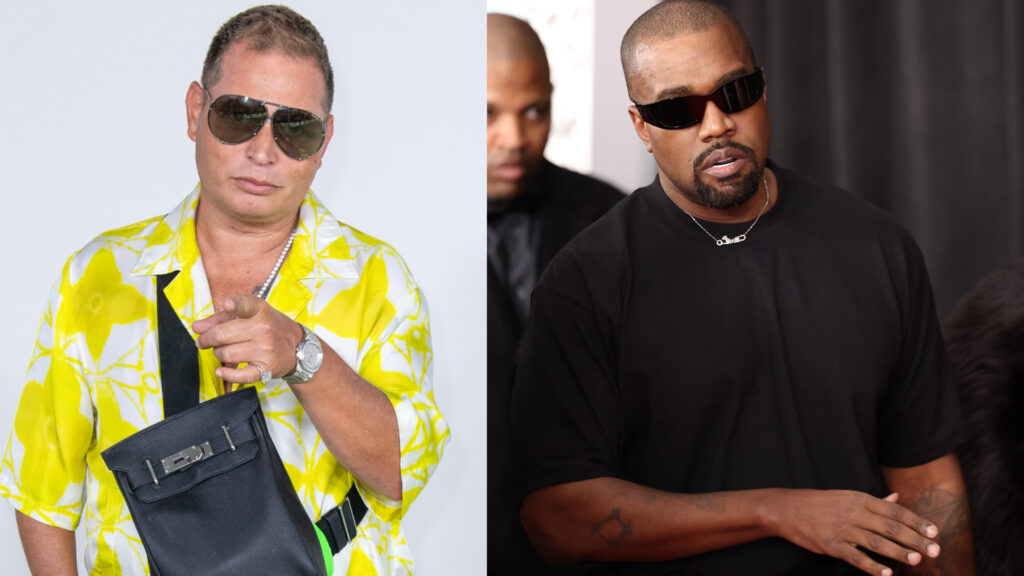 Scott Storch in a yellow patterned shirt with a bag, Kanye West in a black shirt.
