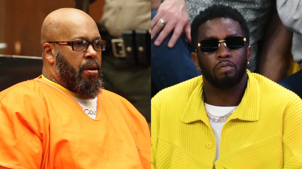 Suge Knight in an orange prison jumpsuit on the left, and Diddy in a yellow jacket with sunglasses on the right.