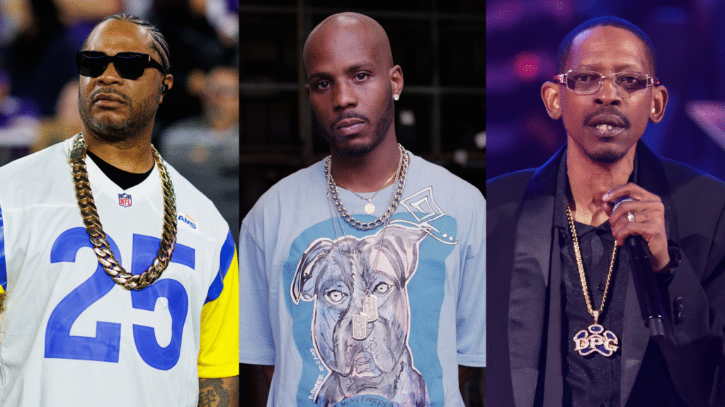 Image of Xzibit, DMX, and Kurupt. Xzibit wears sunglasses and a jersey, DMX sports a dog-print shirt, and Kurupt holds a microphone.