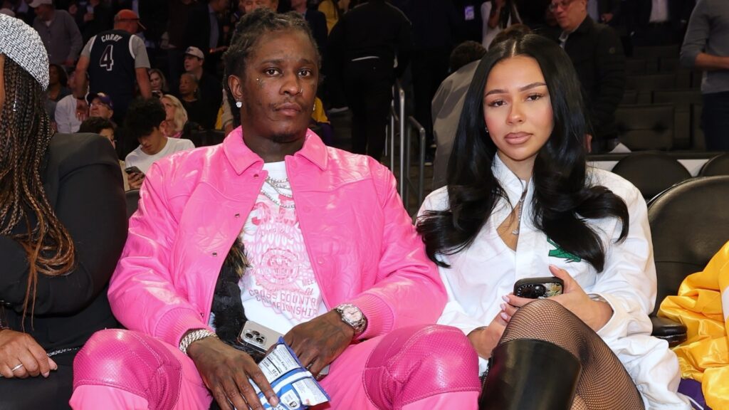 LOS ANGELES, CA - APRIL 3: Young Thug and Mariah The Scientist attends the game between the Golden State Warriors and the Los Angeles Lakers on April 3, 2025 at Crypto.Com Arena in Los Angeles, California.