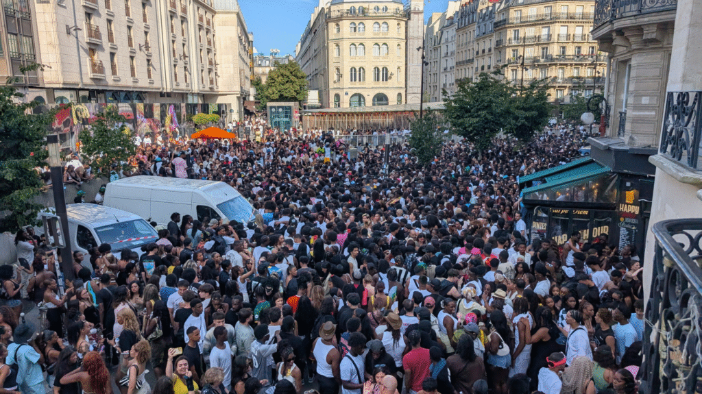 A large crowd of people gathered on a city street, surrounded by buildings, trees, and a white van. The scene is lively and bustling.