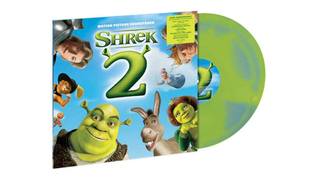 Shrek 2 soundtrack cover with Shrek, Donkey, Fiona, and other characters. Green vinyl record partially visible.