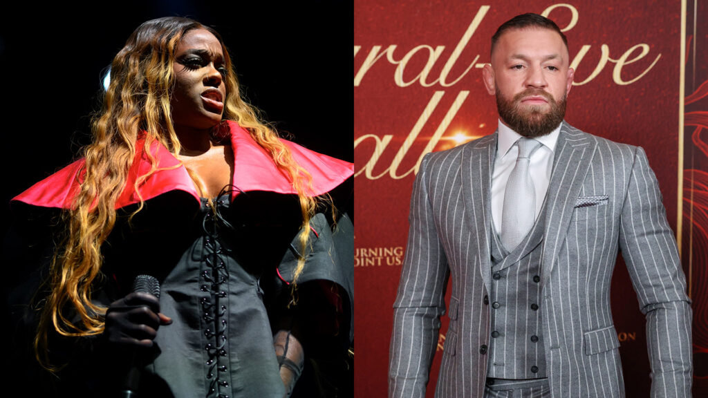(L) Azealia Banks performing in a dramatic outfit. (R) Conor McGregor in a pinstripe suit at an event.