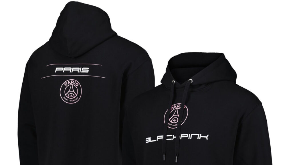 Black hoodies featuring "PARIS" and "BLACKPINK" text with the Paris Saint-Germain logo in pink.