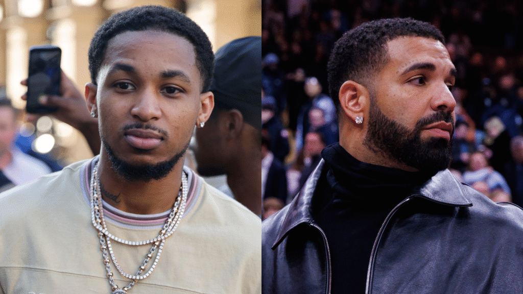 Two men are pictured side by side. The man on the left is wearing a light-colored shirt and necklaces. The man on the right is wearing a black leather jacket.