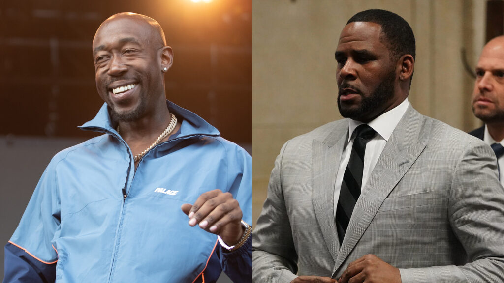 Freddie Gibbs smiling in a blue jacket next to R. Kelly in a gray suit and tie, both in separate settings.