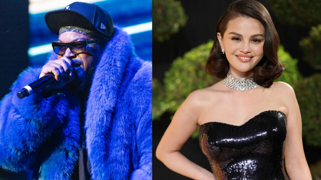 Ice Cube in a blue fur coat and sunglasses performing; Selena Gomez in a black sequin dress and necklace, smiling.