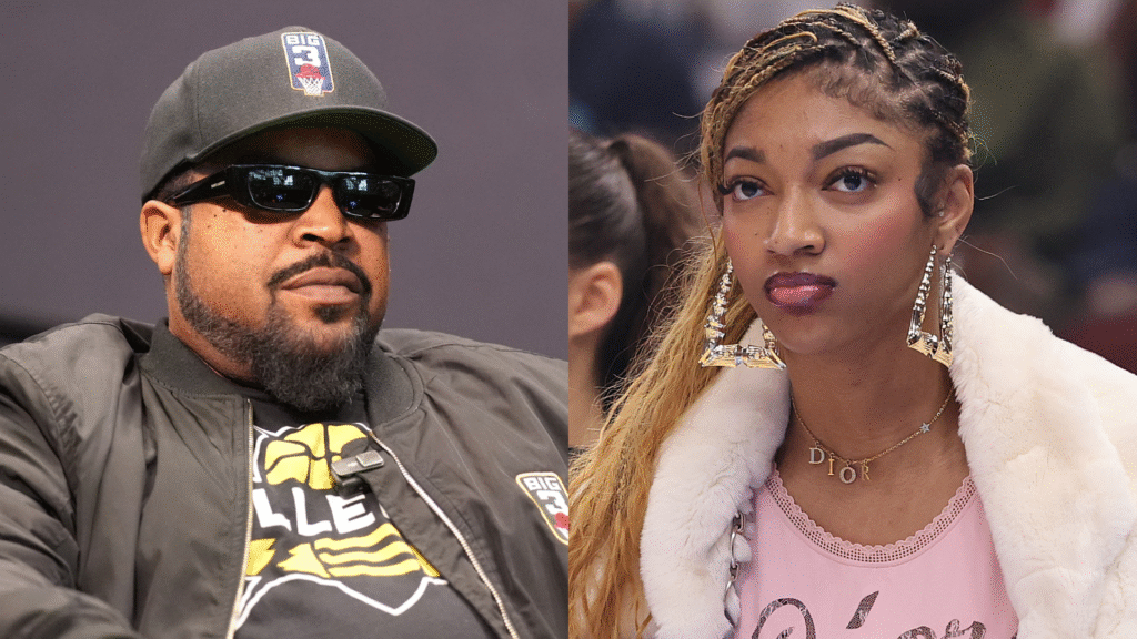 Ice Cube wearing sunglasses and a cap, next to a woman with braided hair and large earrings.