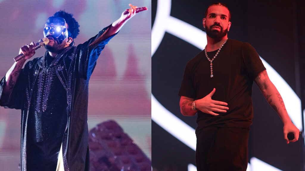 The image shows The Weeknd performing with a mask and microphone, and Drake on stage wearing a black outfit and necklace.