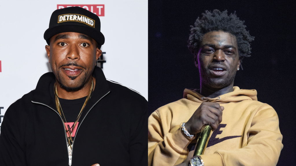 N.O.R.E., wearing a "Determined" cap, and Kodak Black in a hoodie holding a microphone, side by side.