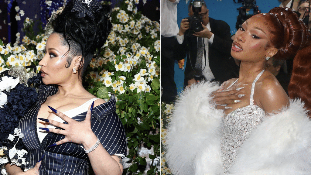 Nicki Minaj in a striped outfit with floral backdrop, and Megan Thee Stallion in a sparkling dress with a fur stole, posing at an event.