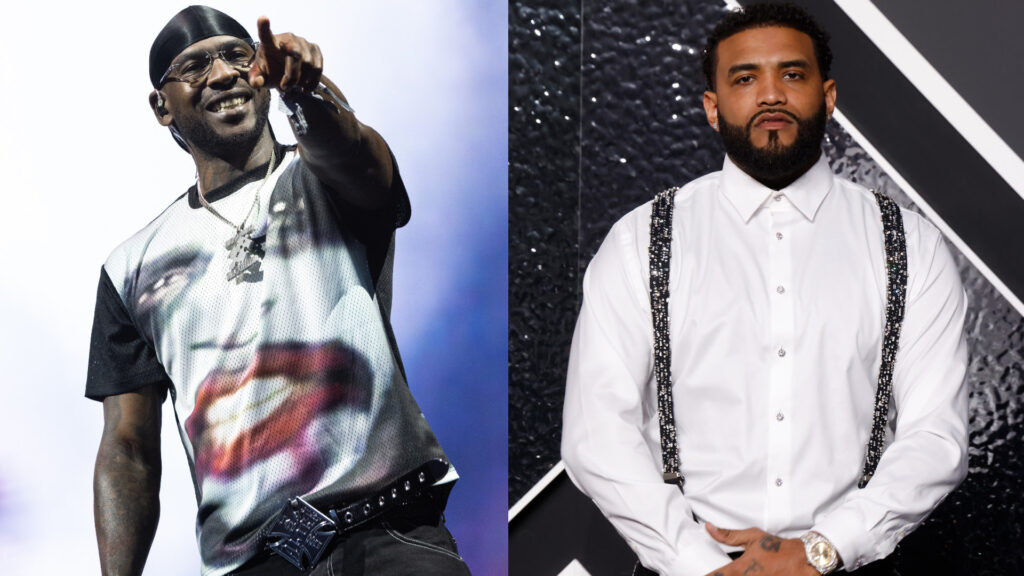 Skepta in a graphic T-shirt pointing, Joyner Lucas in a white shirt with suspenders.