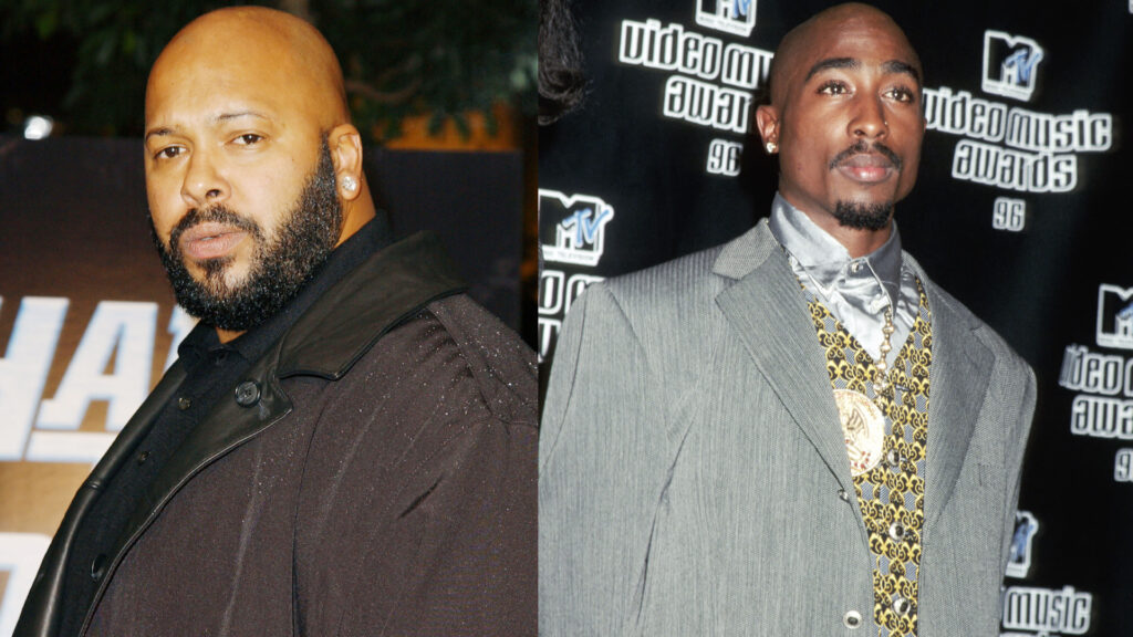 Suge Knight and Tupac Shakur at an event, both wearing formal attire.