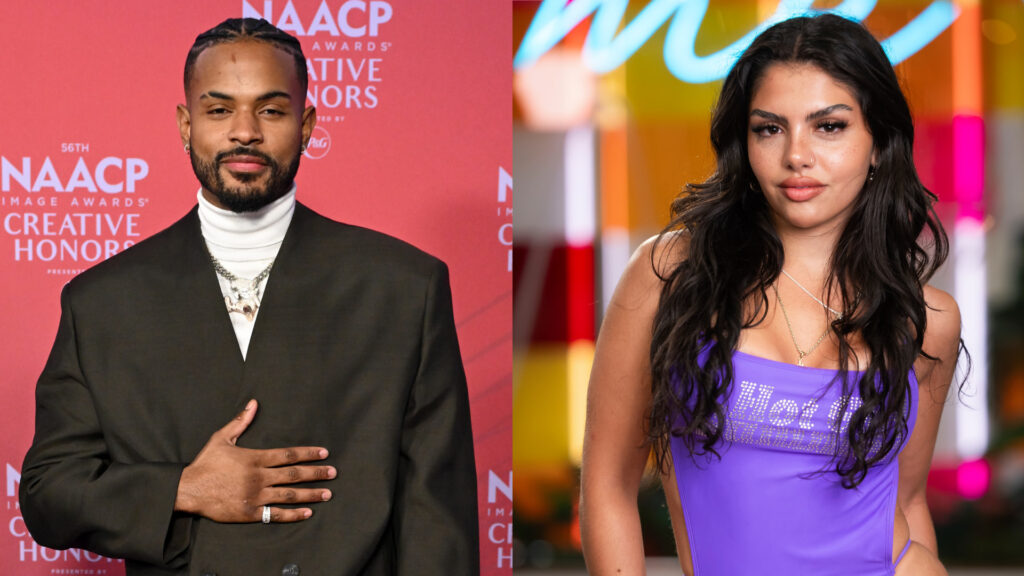 Left: Trevor Jackson in a dark suit at the NAACP Image Awards. Right: Love Island USA's Huda Mustafa in a purple bikini with long dark hair.
