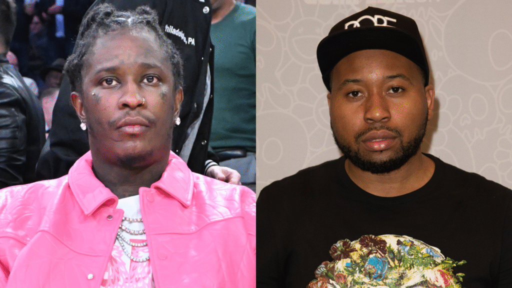Young Thug in a pink jacket and DJ Akademiks in a black cap and floral shirt, side by side.