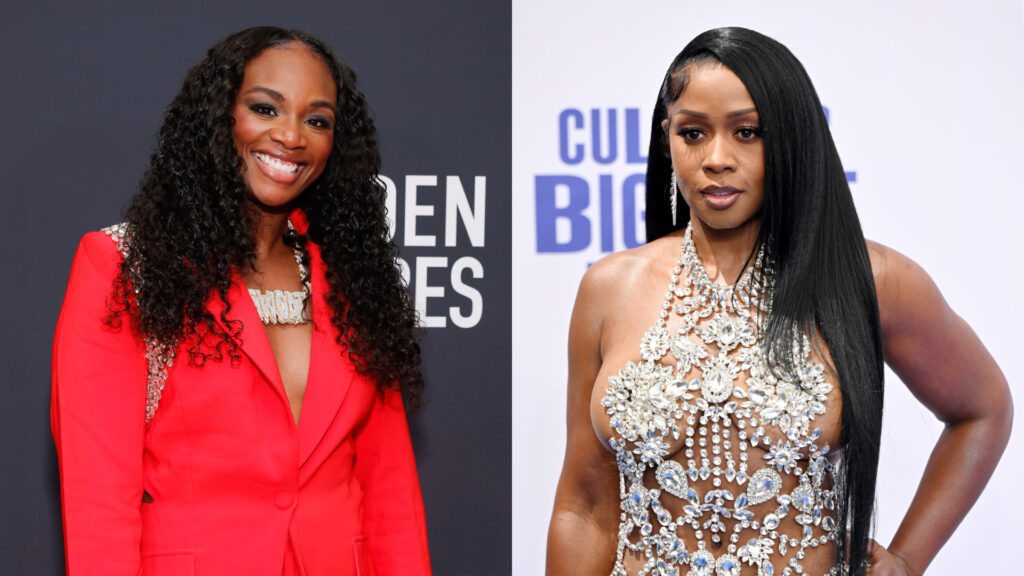 Splt image. Left: Claressa Shields wears a red suit with curly hair. Right: Remy Ma wears a detailed dress with long straight hair.