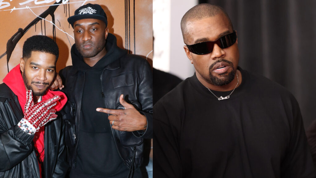 Kid Cudi and Virgil Abloh pose together; Kanye West in sunglasses on the right.