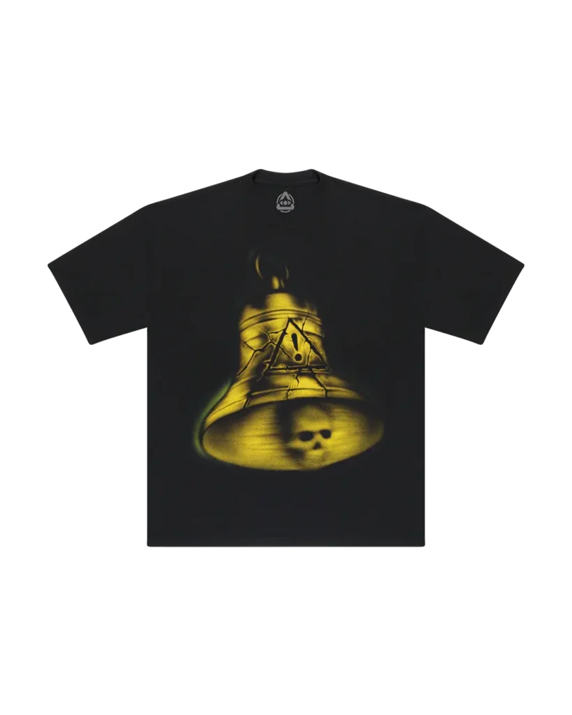 Black T-shirt with a yellow bell graphic featuring a skull and an eye symbol.