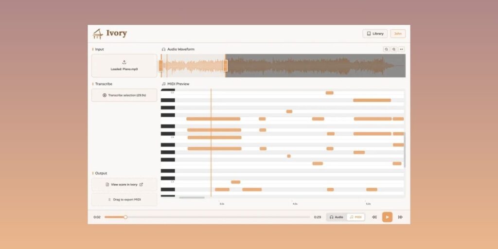 Ivory turns piano audio into MIDI, PDF sheet music, and MusicXML Ivory