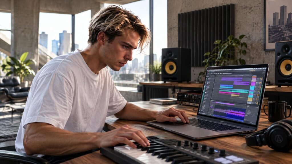 A young man with tousled blond hair in a white t-shirt plays a MIDI keyboard next to a laptop showing colorful clips, with monitor speakers and a sunlit city window in a concrete loft studio.