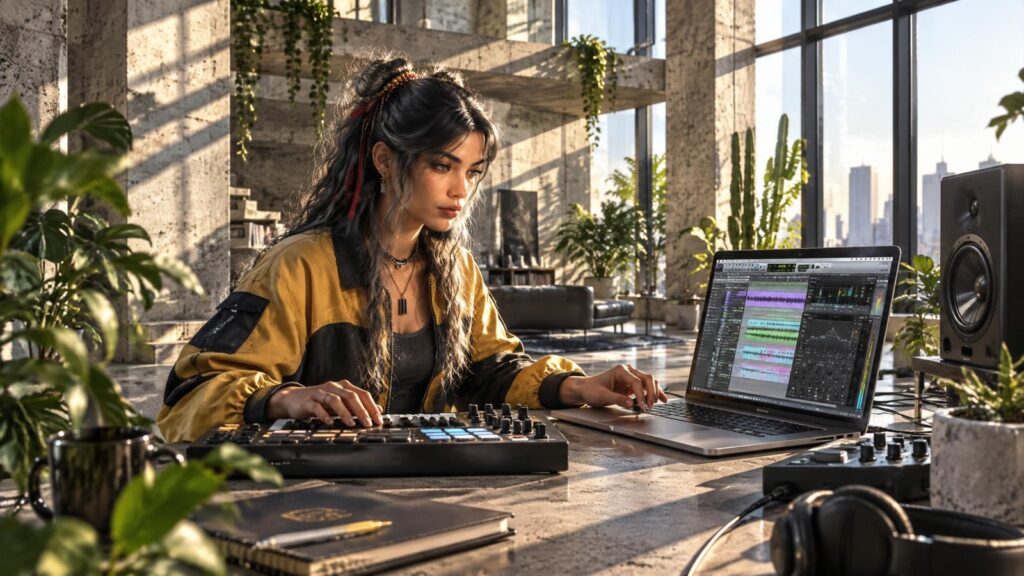 Slice Any Vocal in Simpler A young woman with long dark hair and red streaks, in a yellow and black jacket, plays a pad controller next to a laptop in a sunlit concrete loft studio full of plants.