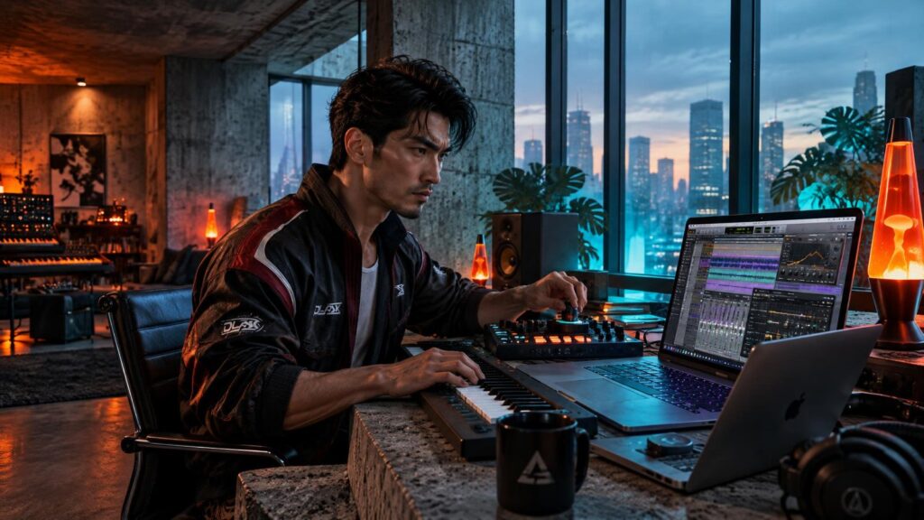 A man in a black track jacket plays a keyboard controller next to a laptop showing a mix, with an orange lava lamp and a city skyline at dusk behind him.