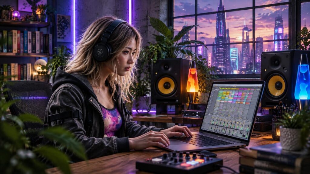 What You Get for Free and When to Upgrade A music producer in headphones using Ableton Live Lite on a laptop in a loft home studio at night, with lava lamps, plants and a city skyline