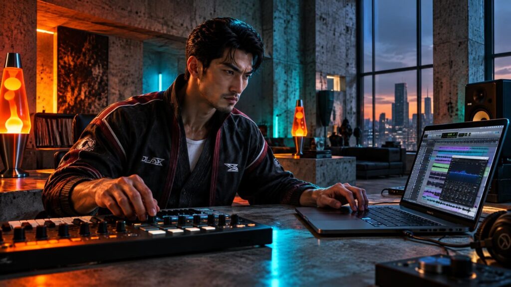 What to Buy First and What Can Wait A man in a black track jacket plays a keyboard controller next to a laptop in a concrete loft studio at dusk, with orange lava lamps and a city skyline in the windows.
